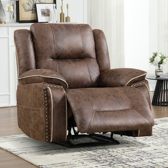 Bonzy Home Manual Recliner Chair — Single-Seat Recliner with Hidden Cup Holders & Vintage Rivet Mid-Century Design, Brown