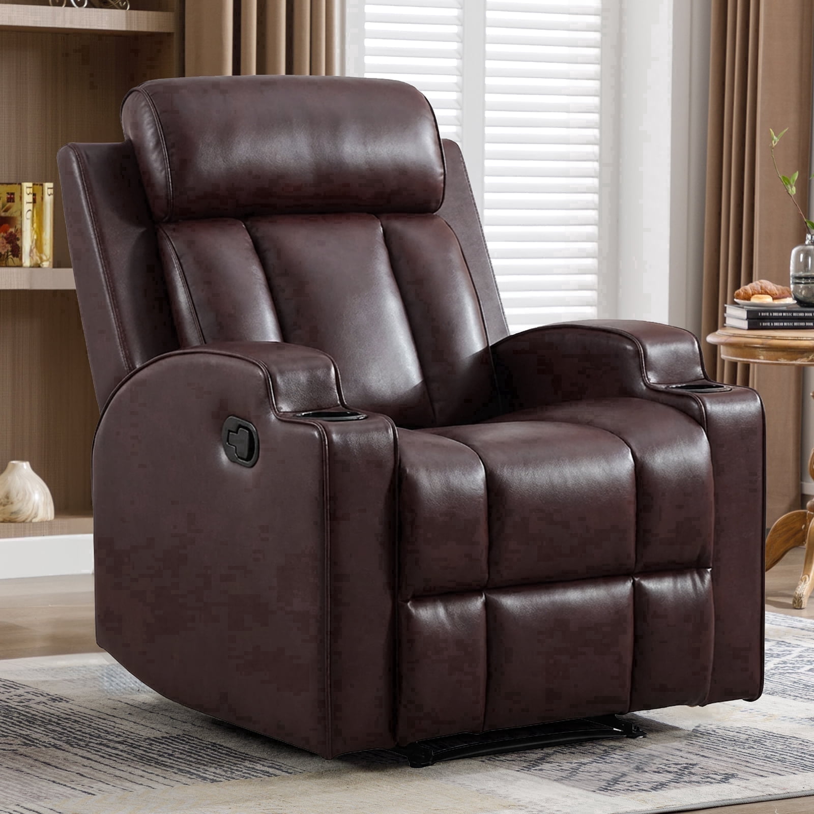 Ebello Manual Reclining Chair, PU Leather Modern Overstuffed Recliner with Cup Holders for Living Room & Home Theater, Brown