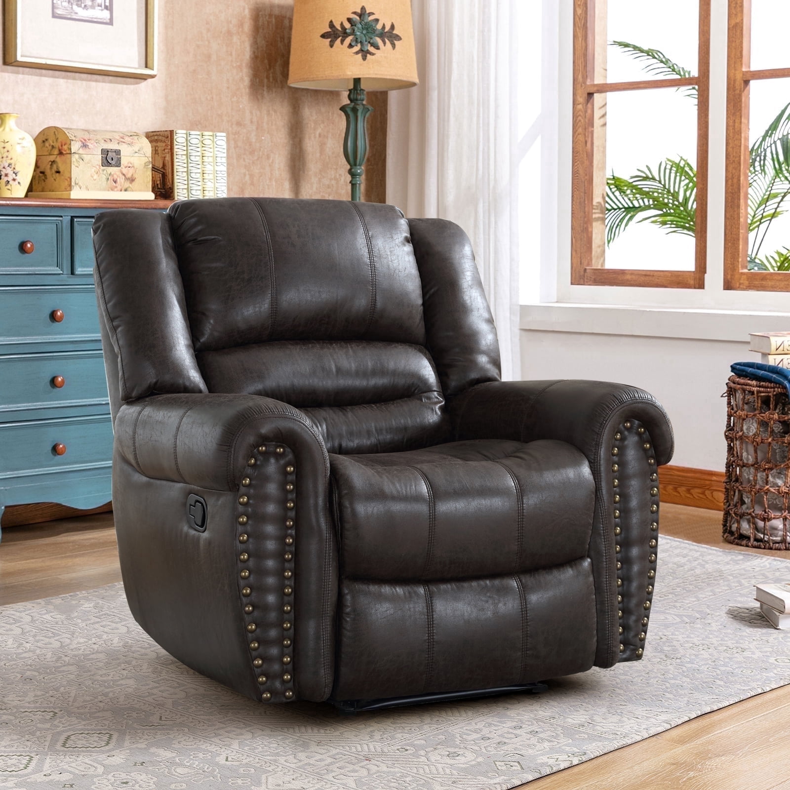 Bonzy Home Manual Recliner Faux Leather Single Reclining Chair Sofa for Living Room Bedroom, Black