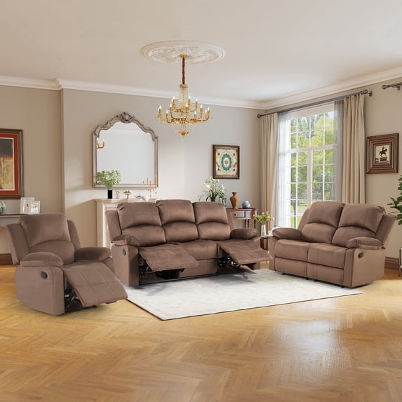 Bonzy Home Manual Recliner Sofa Set — 3-Piece Microfiber Reclining Couch Set (1 Recliner, Loveseat & 3-Seat Sofa), Brown