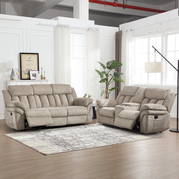 Bonzy Home Manual Recliner Loveseat, Theater Seating with Console, Cup Holders & Storage, Camel