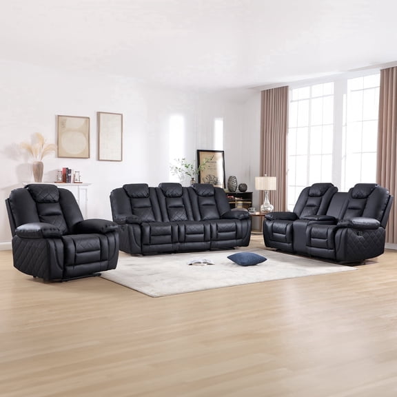 Bonzy Home Manual Recliner Sofa Set with Console, Reclining Chair Theater Seating Living Room Furniture Set, with Cup Holders, Adjustable Backrest & Hidden Arm Storage, Black