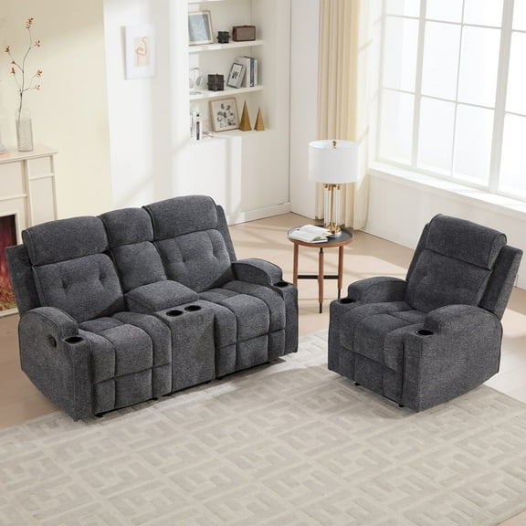 Bonzy Home Manual Recliner Sofa Set – Fabric Reclining Living Room Furniture with Single Recliner Chair & Loveseat Recliner Sofa