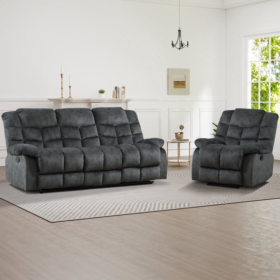 Bonzy Home Manual Recliner Sofa Set, Living Room Furniture with Single Recliner & 3-Seat Reclining Sofa, Couch Set with Adjustable Backrest and Overstuffed Headrest, Gray