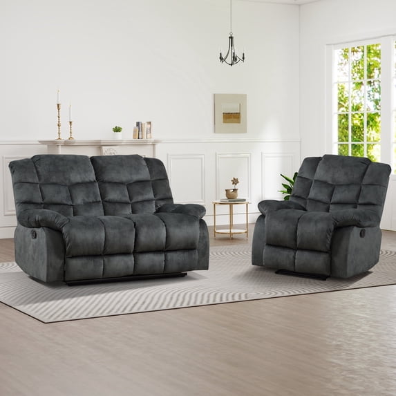 Bonzy Home Manual Recliner Sofa Set, Living Room Furniture with Single Recliner & Loveseat, Couch Set with Adjustable Backrest and Overstuffed Headrest, Gray