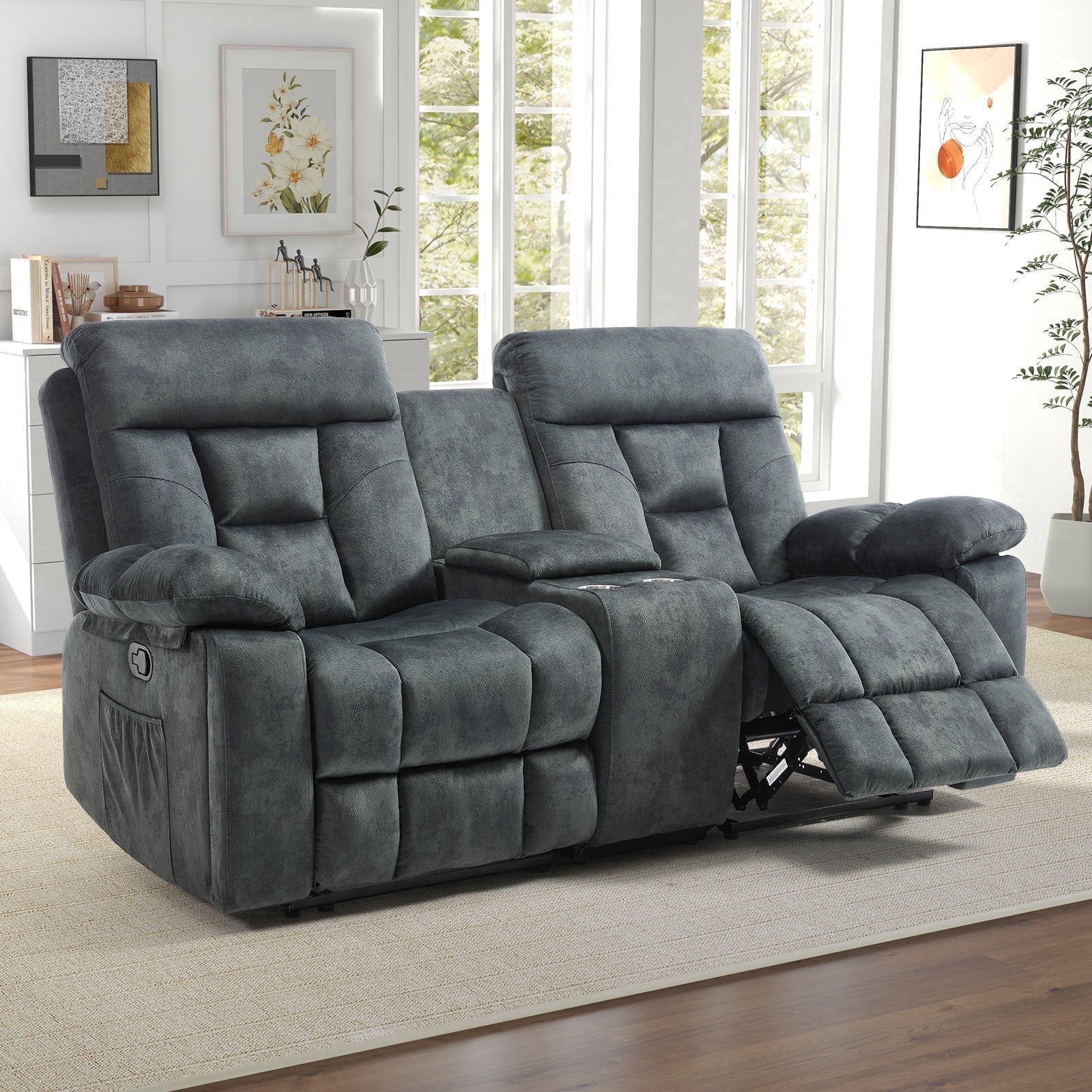 Bonzy Home Reclining Loveseat 2-Seat Manual Recliner Sofa with Hidden Armrest Cup Holders, Breathable Fabric, Grayish Green