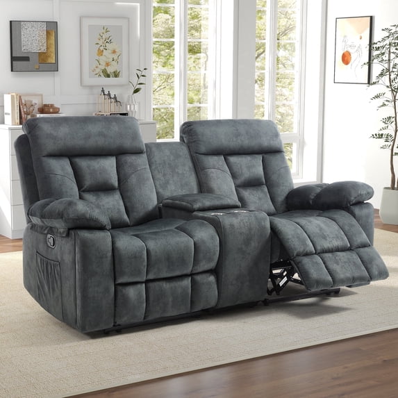 Bonzy Home Reclining Loveseat 2-Seat Manual Recliner Sofa with Hidden Armrest Cup Holders, Breathable Fabric, Grayish Green