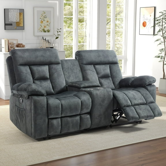 Bonzy Home Extra-Wide Loveseat Recliner — 2-Seat Manual Recliner Sofa with Hidden Armrest Cup Holders, Breathable Fabric, Gray