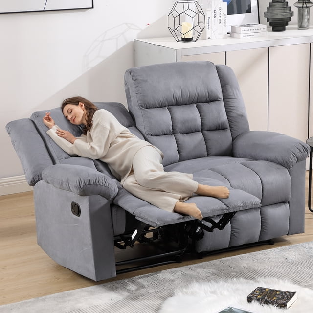 Lexicon Manual Reclining Sofa - Double Recliner Couch With Chenille Upholstery, Wall Hugger Design, Padded Headrest, Beige Two-Tone