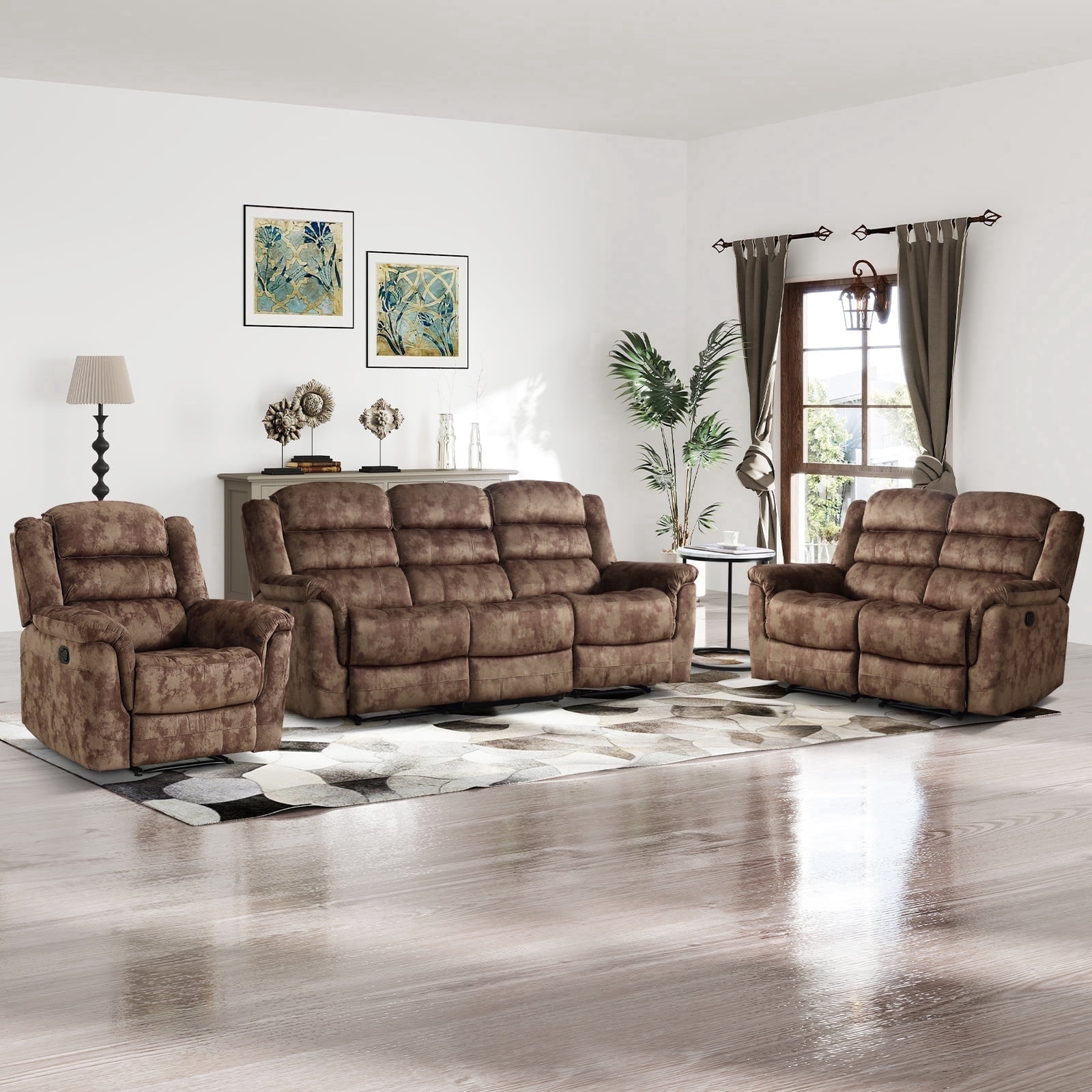 Bonzy Home Manual Reclining Fabric 3-Piece Sofa Set, Includes Single Recliner Chair, Loveseat and 3-Seat Sofa for Home Living Space