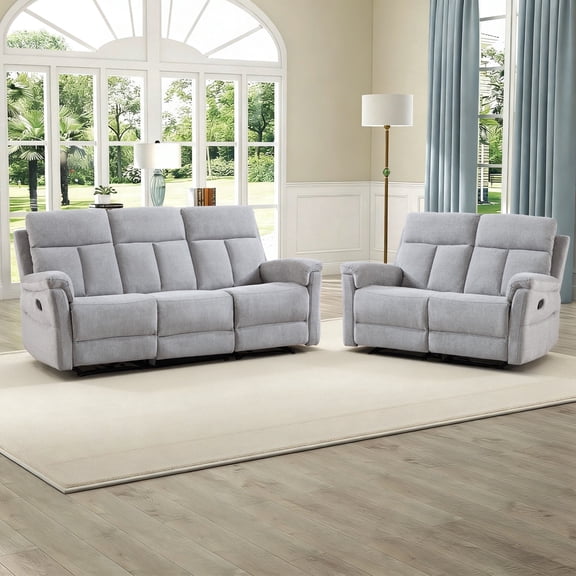 Bonzy Home Reclining Sofa Set with Adjustable Backrest, Living Room Recliner Sofa Set for Adult with Loveseat & 3‑Seat Sofa, Couch Recliners for Living Room Furniture, Light Gray