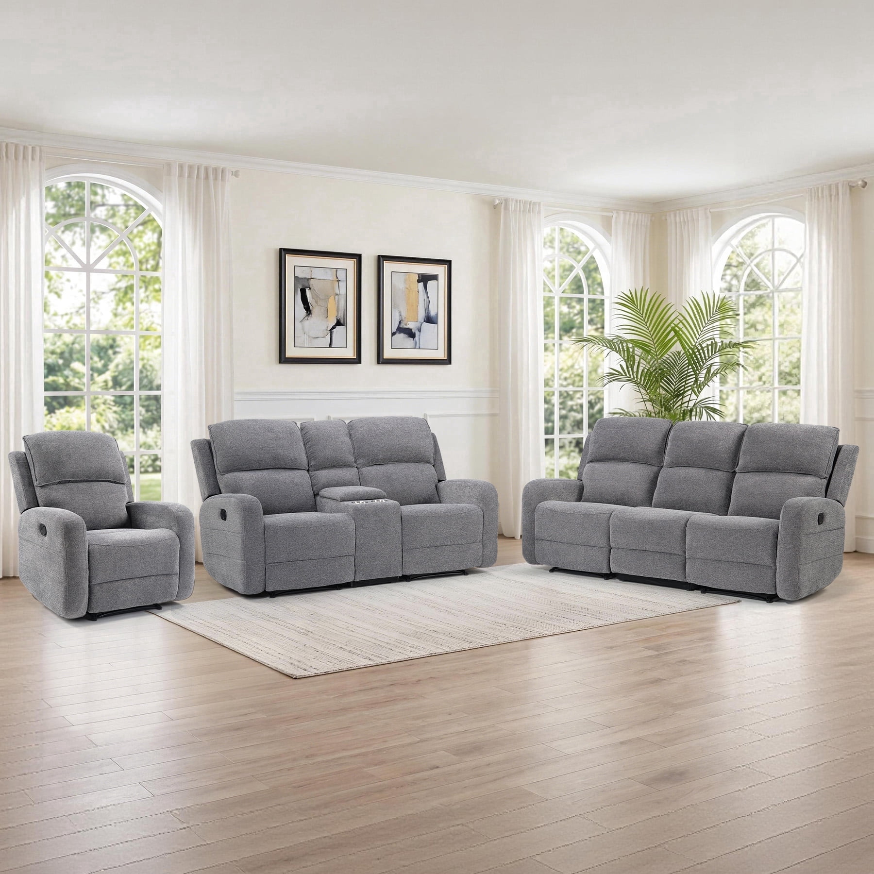 Bonzy Home Manual Reclining Sofa Set with Adjustable Backrest, Recliner Living Room Furniture for Adult with Single Recliner Chair, Loveseat & 3-Seat Recliner Sofa, Gray