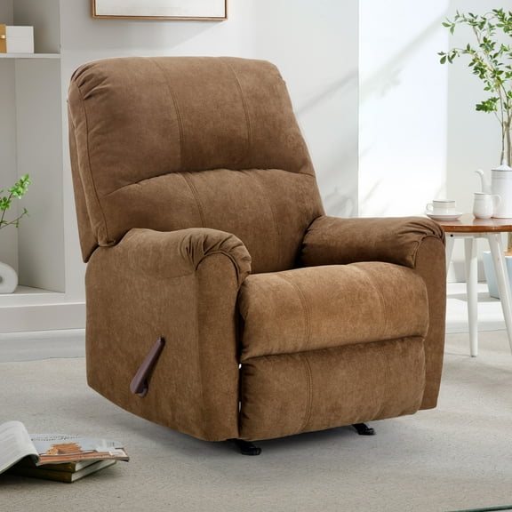 Bonzy Home Manual Rocker Recliner Chair for Adults – Soft Fabric Reclining Sofa with Overstuffed Backrest, 300 lbs Weight Capacity,Brown