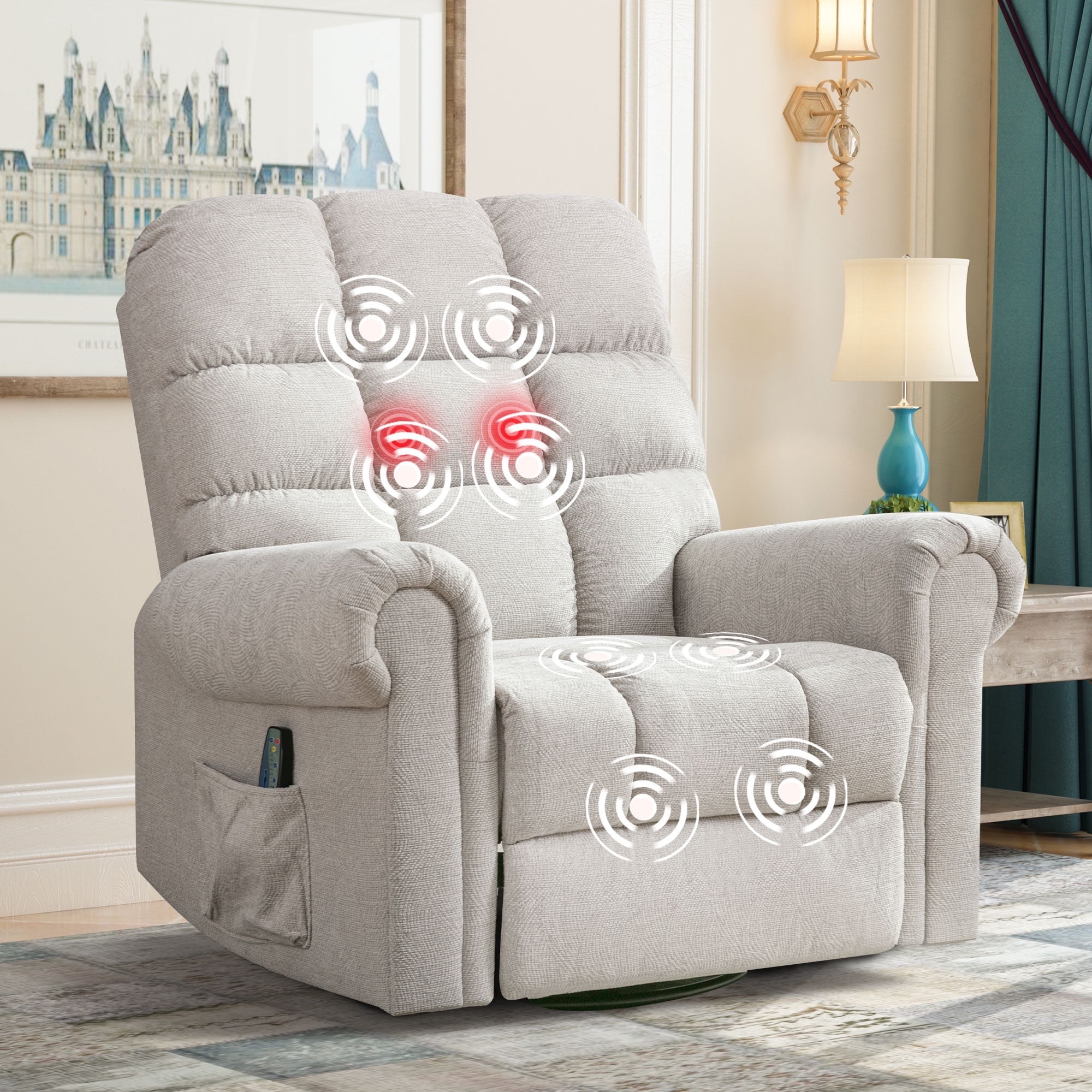 360° Swivel Massage Heating Rocker Recliner Chair with - 21 Wide Overstuffed Linen Recliner - Cup Holders, Side Pocket