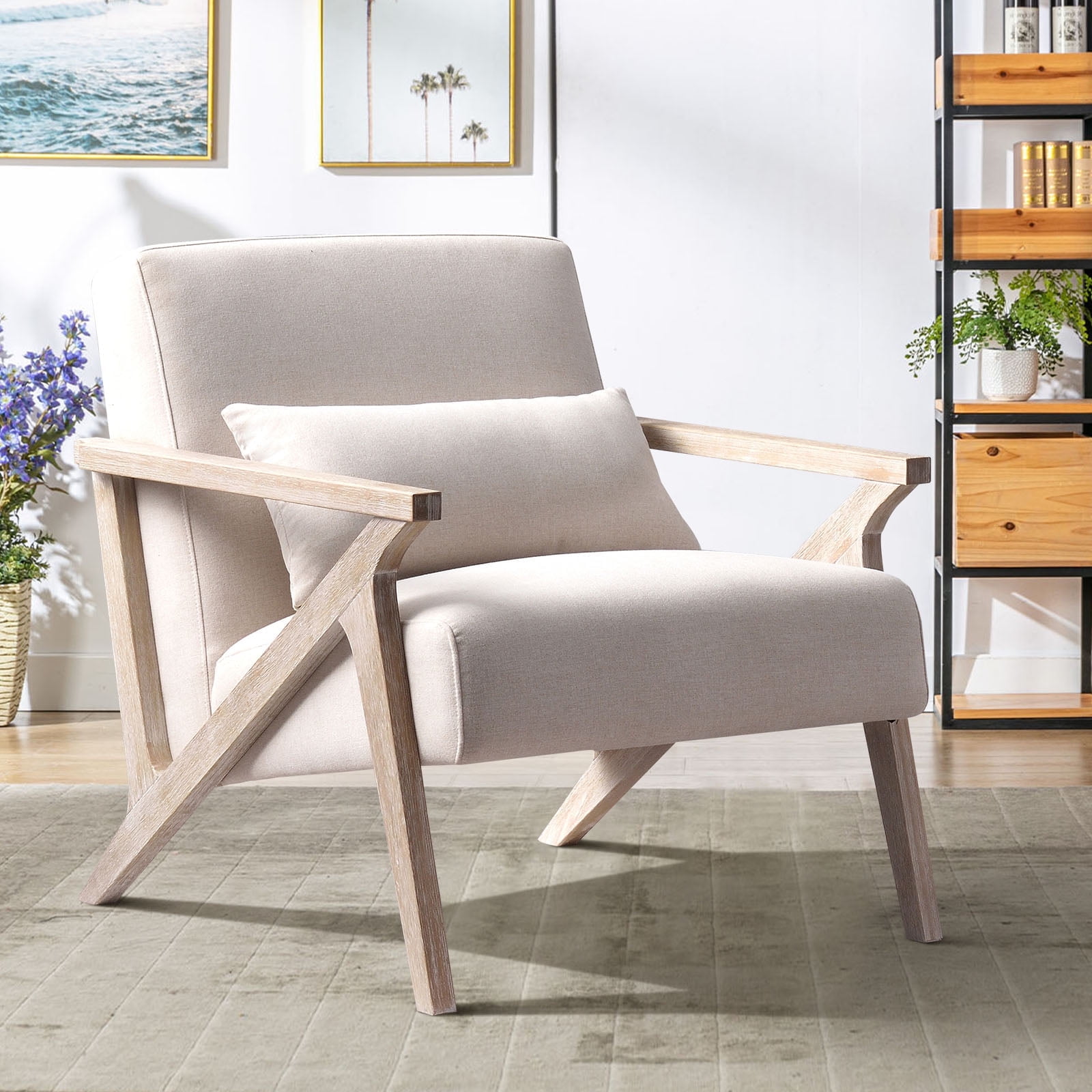 Bonzy Home Mid Century Accent Chair, Single Sofa Armchair for Living Room, Bedroom, Balcony,Beige
