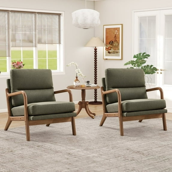 Bonzy Home Mid-Century Modern Accent Chair — Comfy Fabric Lounge Armchair with Solid Wood Frame, Set of 2, Green