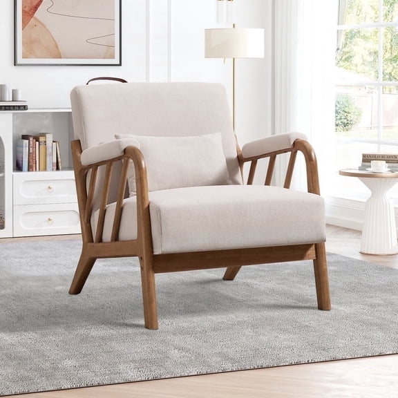 Bonzy Home Mid-Century Modern Accent Chair — Comfy Fabric Lounge Armchair with Wood Frame & Throw Pillow, Beige