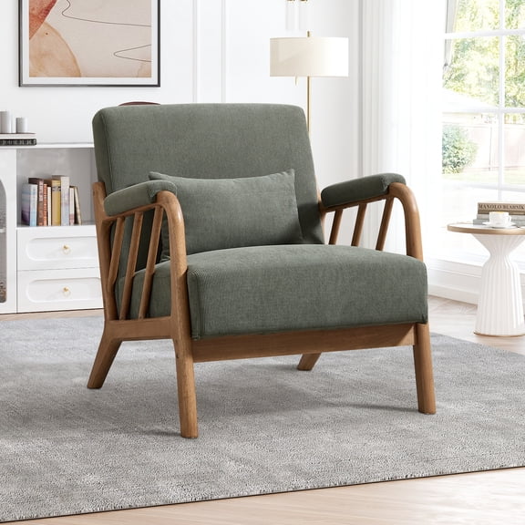 Bonzy Home Mid-Century Modern Accent Chair — Comfy Fabric Lounge Armchair with Wood Frame & Throw Pillow, Green