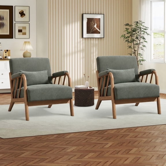 Bonzy Home Mid-Century Modern Accent Chair — Comfy Fabric Lounge Armchair with Wood Frame & Throw Pillow, Set of 2, Green