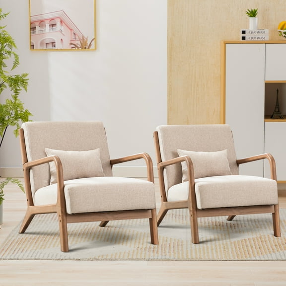 Bonzy Home Mid Century Modern Accent Chair Set of 2 with Pillows Upholstered  Chair for Living Room Beige