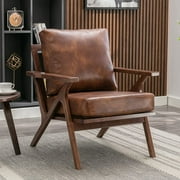 Bonzy Home Mid-Century Modern Accent Chair, Upholstered Leather Arm with Solid Wood Frame & Removable Cushions for Living Room,  Brown