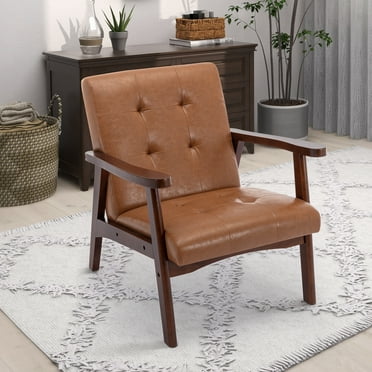 Bonzy Home Mid-Century Modern Accent Chair Upholstered Leather Armchair with Solid Wood Frame, Leisure Chair Reading Chair for Living Room Bedroom