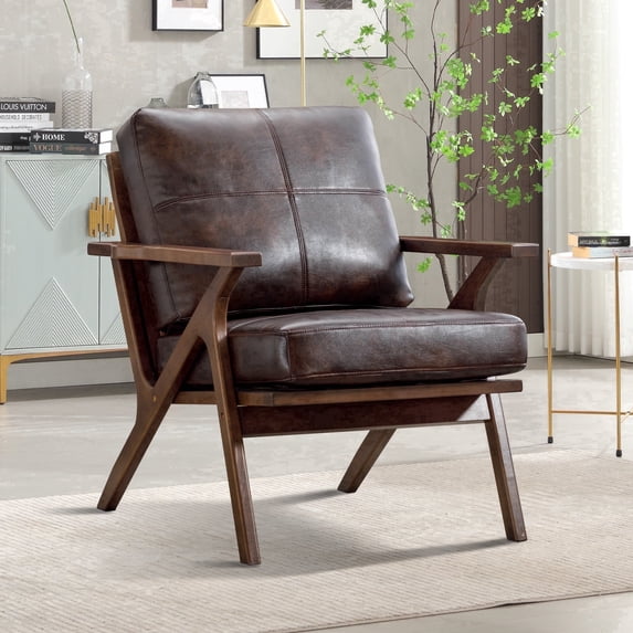Bonzy Home Mid-Century Modern Accent Chair, PU Leather Armchairs with Solid Wood Frame & Removable Cushions, Reading Chairs for Living Room Bedroom, Espresso