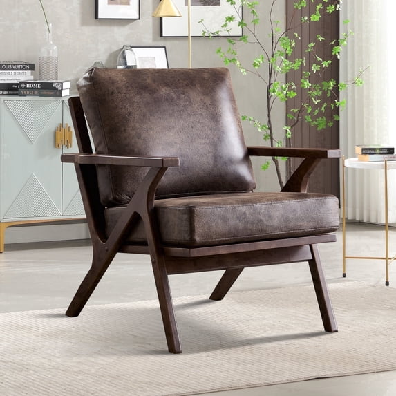 Bonzy Home Mid-Century Modern Accent Chair, PU Leather Armchairs with Solid Wood Frame & Removable Cushions, Reading Chairs for Living Room Bedroom, Coffee