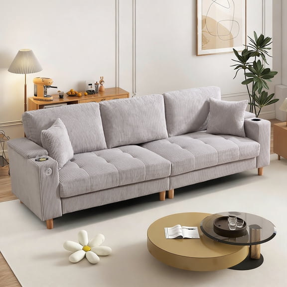 Bonzy Home 100 inch Modern Corduroy 3-Seater Sofa, Oversized Comfy Couch with USB Charging Port, Hidden Storage, Overstuffed Backrest & Throw Pillows, Gray