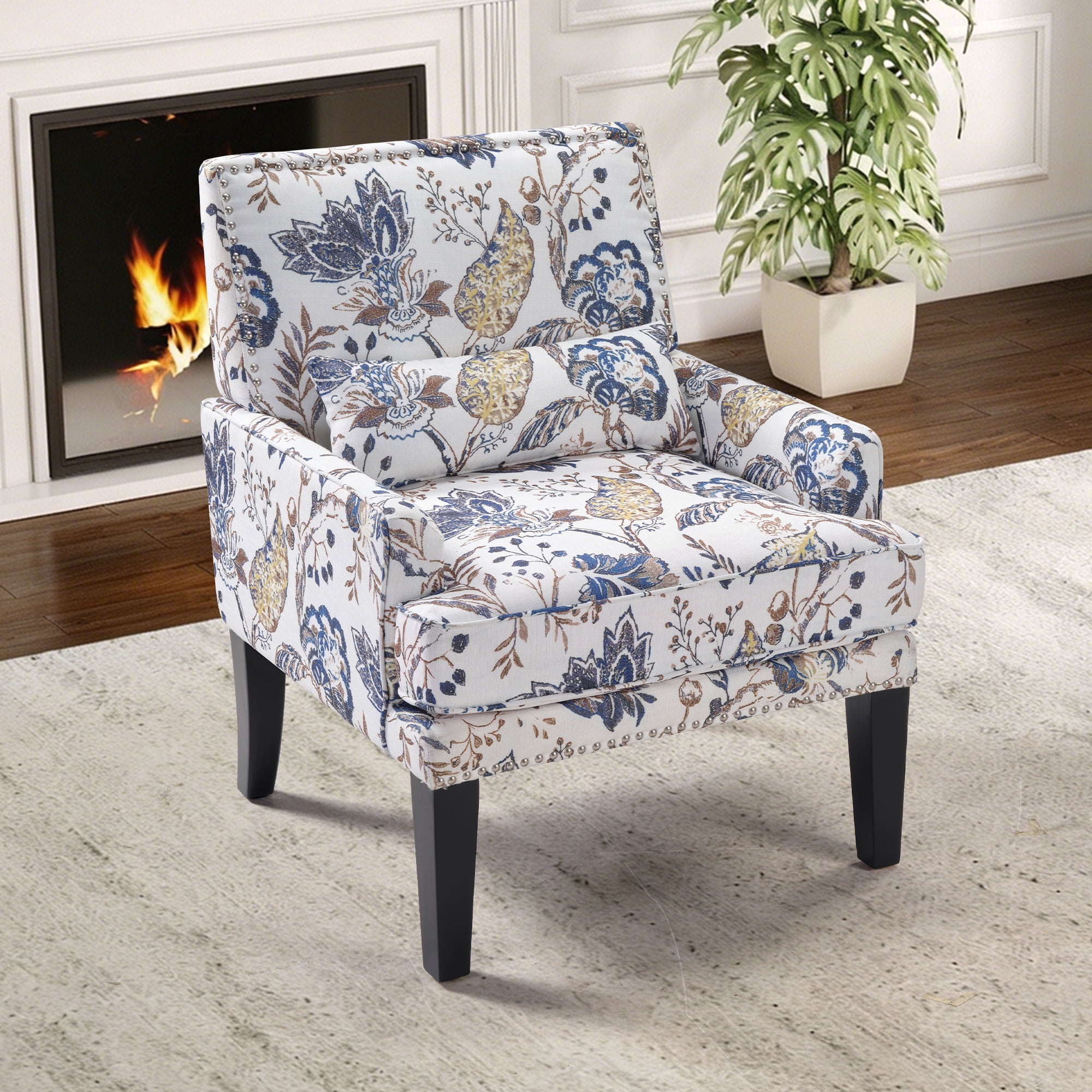 Bonzy Home Modern Floral Print Accent Chair with Arms and Wooden Legs, Mid‑Century High‑Back Wing Chair with Padded Armrests & Cushioned Seat for Living Room, Blue Yellow Floral