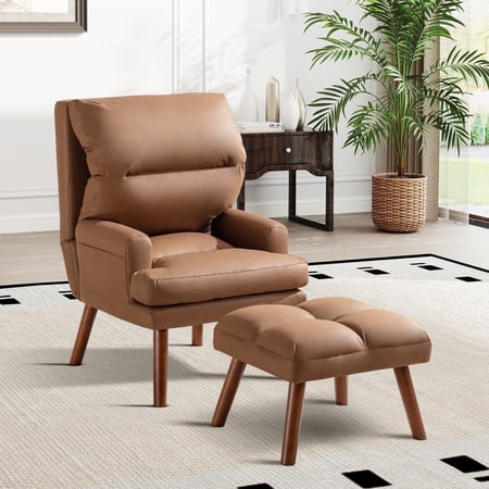 Bonzy Home Modern Adjustable Back Accent Chair with Ottoman, Reclining Reading Lounge Chair with Removable Cushion, Velvet Fabric Seating for Living Room, Bedroom & Balcony, Brown
