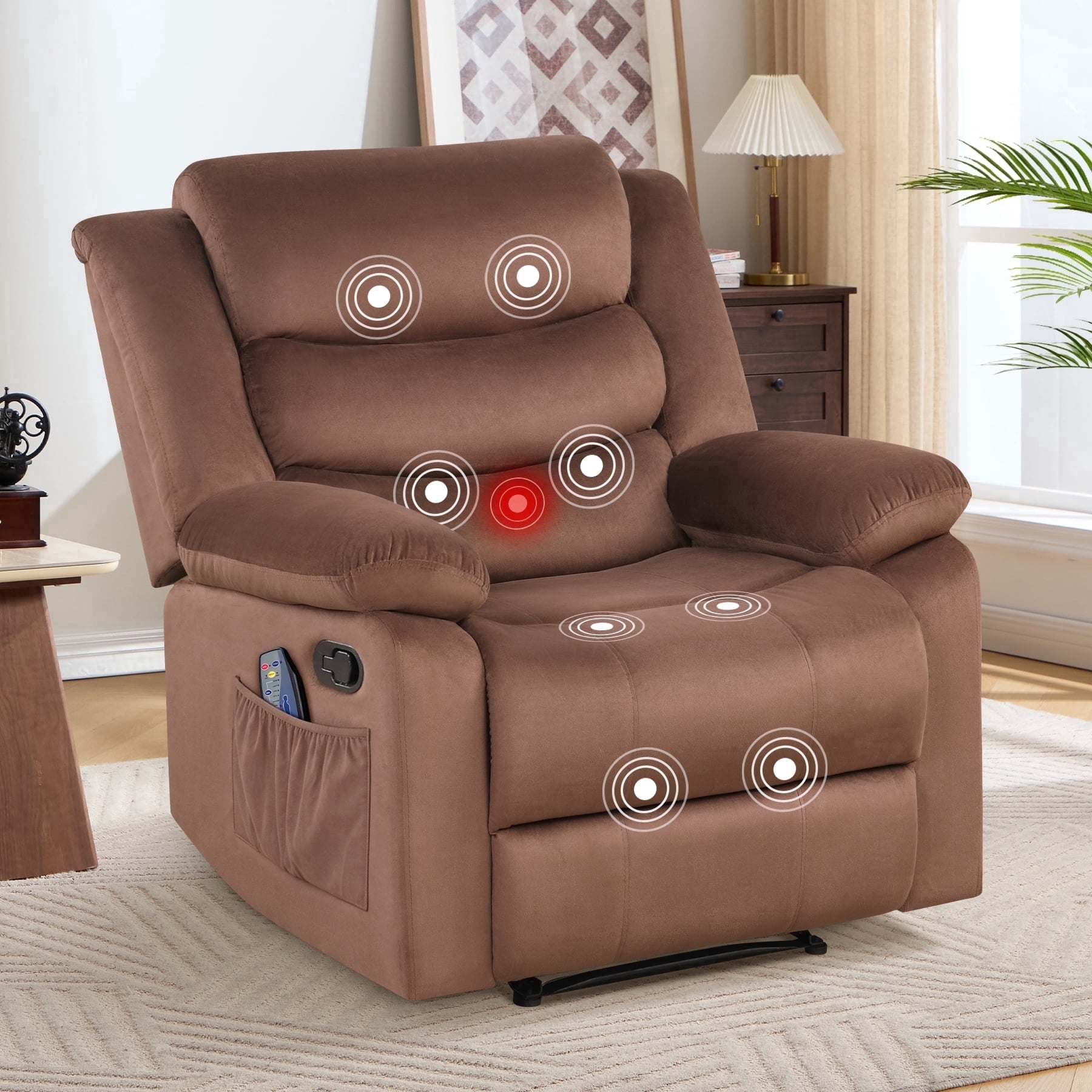 Bonzy Home Modern Comfort Reclining Chair, Breathable Fabric Recliner Chairs with Massage & Heating, Brown