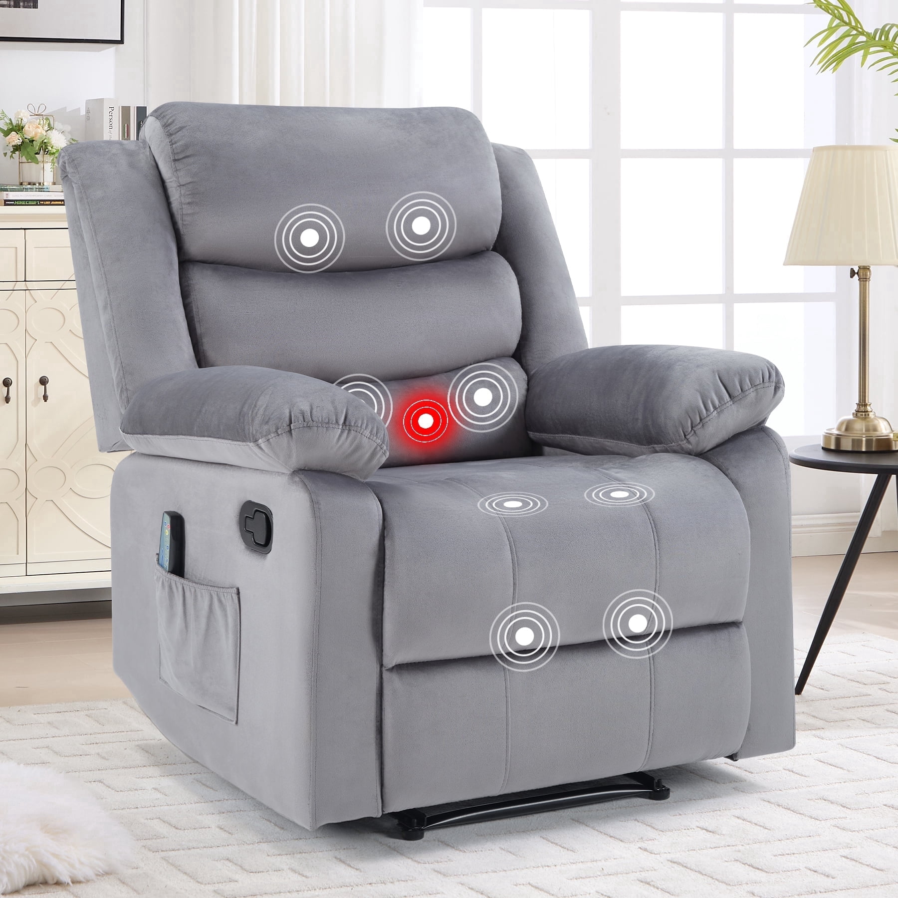 Bonzy Home Massage Recliner Modern Cloth Recliner Chair with Massage & Heating Breathable Fabric, Gray