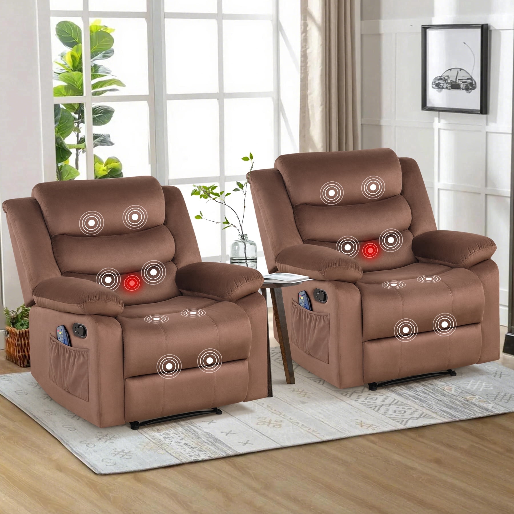 Bonzy Home Modern Comfort Reclining Chair Set of 2, Breathable Fabric Recliner Chairs with Massage & Heating, Brown