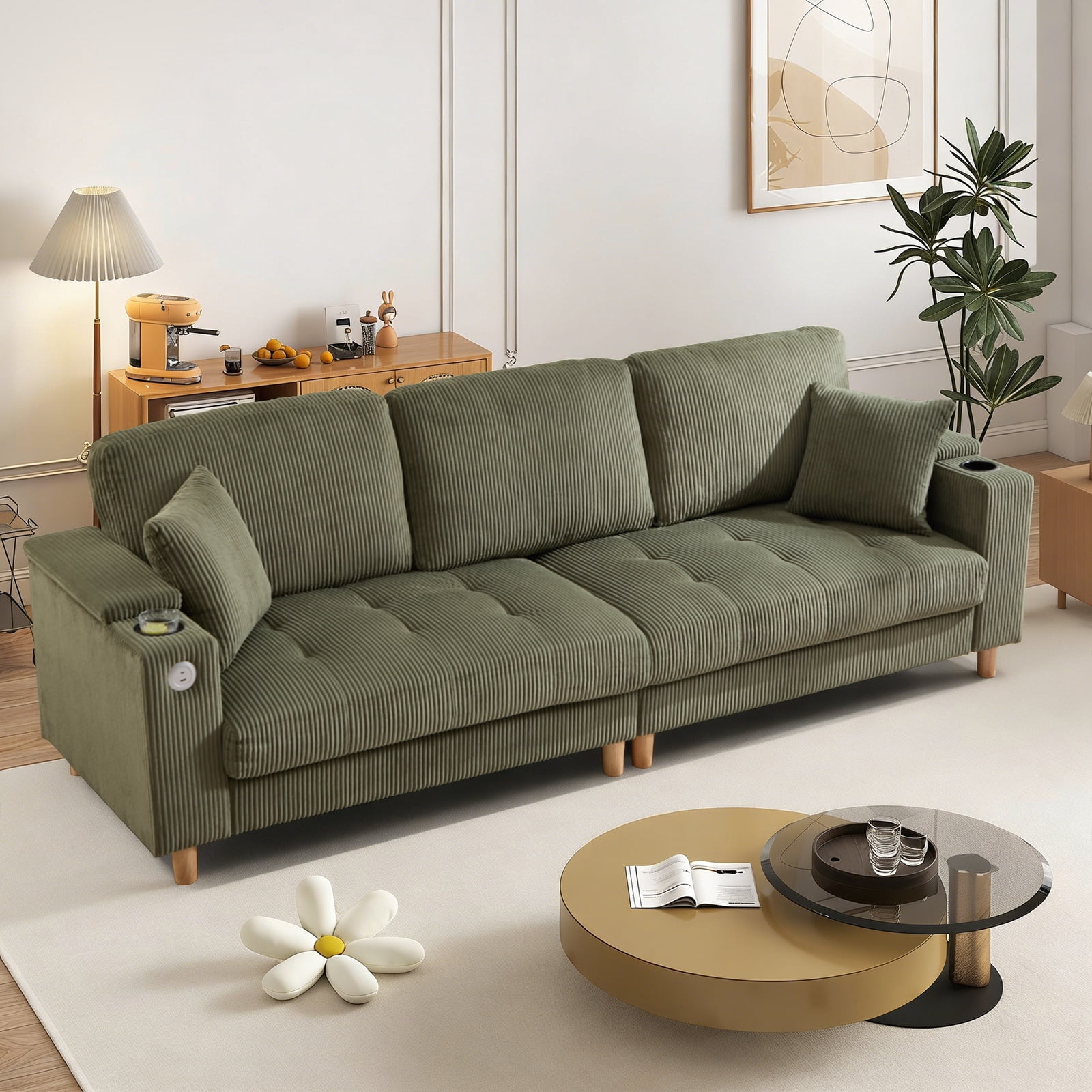 Bonzy Home 100 inch Modern Corduroy 3-Seater Sofa, Oversized Comfy Couch with USB Charging Port, Hidden Storage, Overstuffed Backrest & Throw Pillows, Green