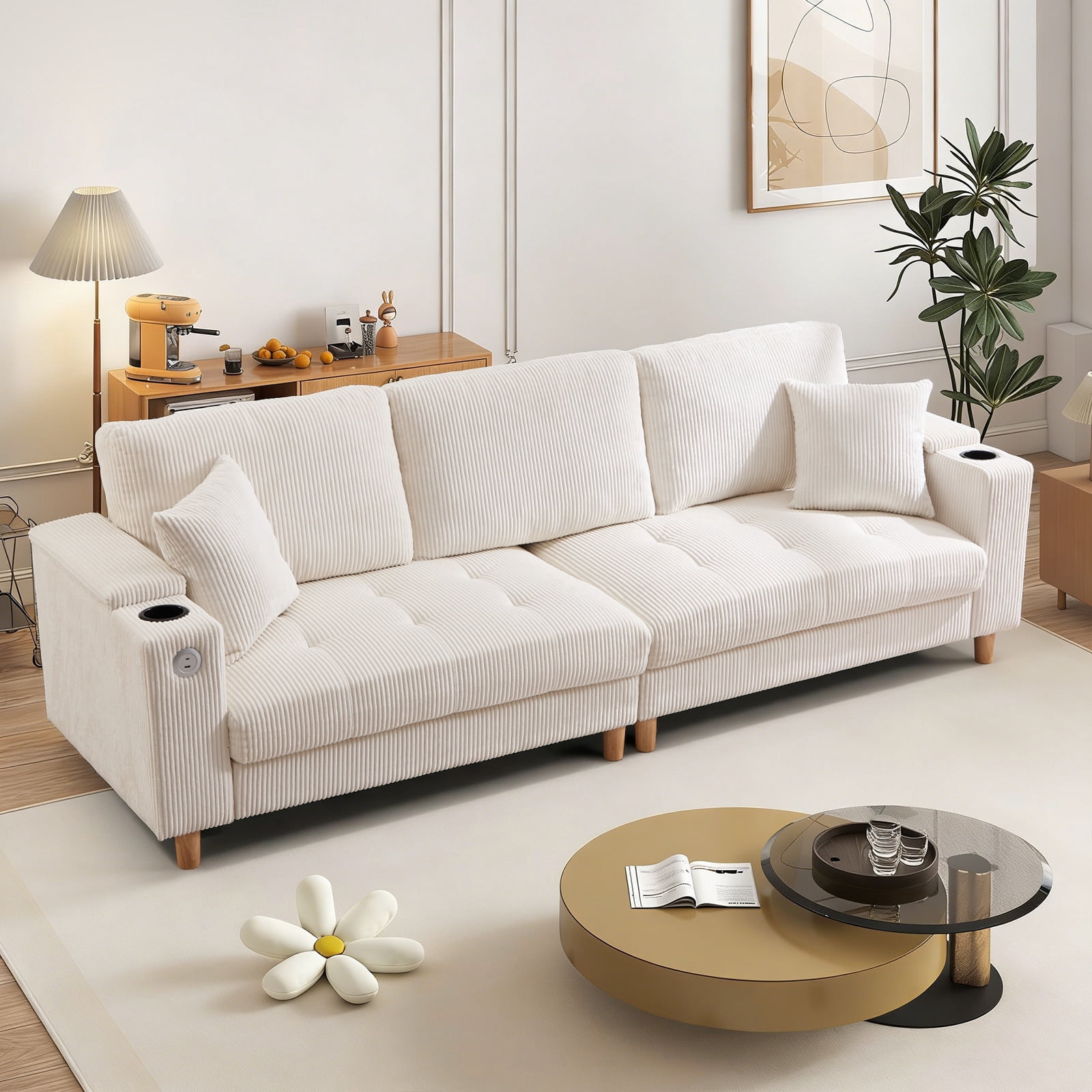 Bonzy Home 100 inch Modern Corduroy 3-Seater Sofa, Oversized Comfy Couch with USB Charging Port, Hidden Storage, Overstuffed Backrest & Throw Pillows, White