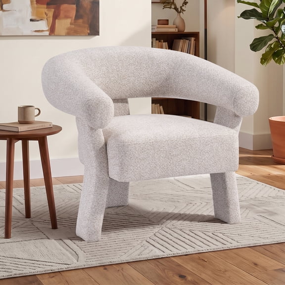 Ebello Barrel Accent Chair, Modern Chenille Fabric Armchair with Solid Wood Legs, Curved Backrest, Easy Assembly for Living Room Bedroom, Beige
