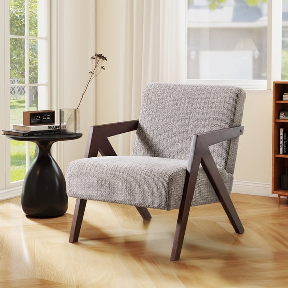 Ebello Mid-Century Modern Accent Chair – Small Plaid Fabric Armchair for Living Room, Bedroom, Office, Easy Assembly(Beige-White Plaid)