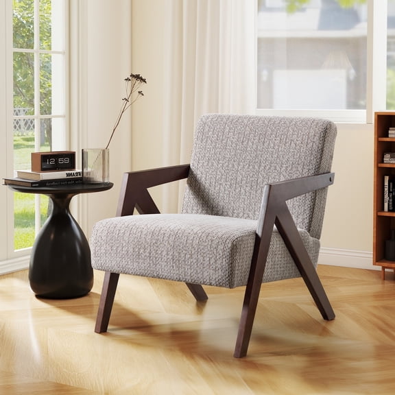 Ebello Mid-Century Modern Accent Chair – Small Plaid Fabric Armchair for Living Room, Bedroom, Office, Easy Assembly(Beige-White Plaid)