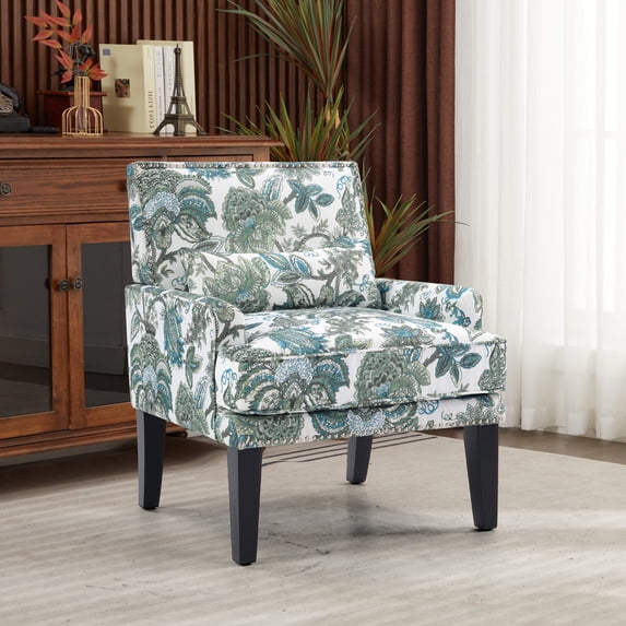 Bonzy Home Modern Floral Print Accent Chair with Arms and Wooden Legs, Mid‑Century High‑Back Wing Chair with Padded Armrests & Cushioned Seat for Living Room, Blue Green Floral