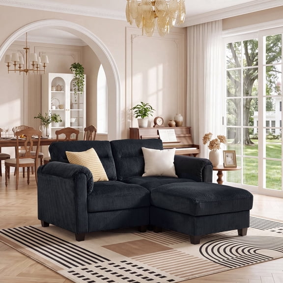 Bonzy Home Modern Loveseat with Ottoman Modular Sectional Sofa Couches for Living Room Entertaining Guests or Relaxing Alone for Small Spaces Apartment Charcoal