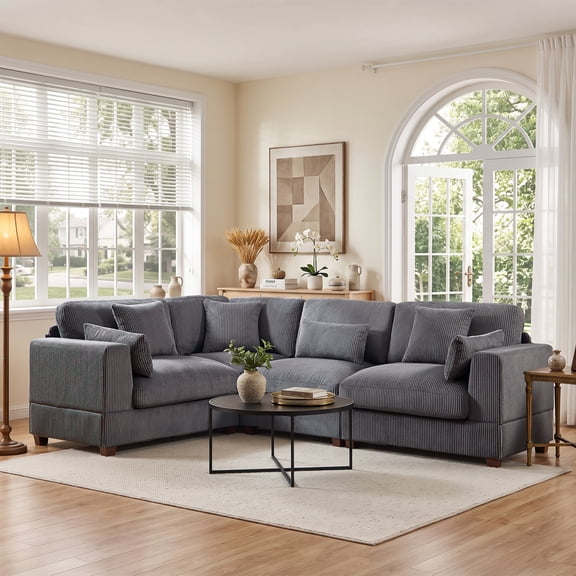 Bonzy Home Modular Convertible Sectional Sofa, Ultra-Comfort Corduroy Corner Couch, Modern living room furniture sets L‑Shaped Couch, Gray