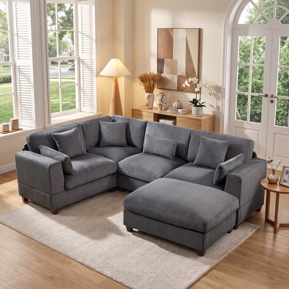 Bonzy Home Modular Convertible Sectional Sofa with Ottoman, Ultra-Comfort Corduroy Corner Couch, Modern living room furniture sets, Gray