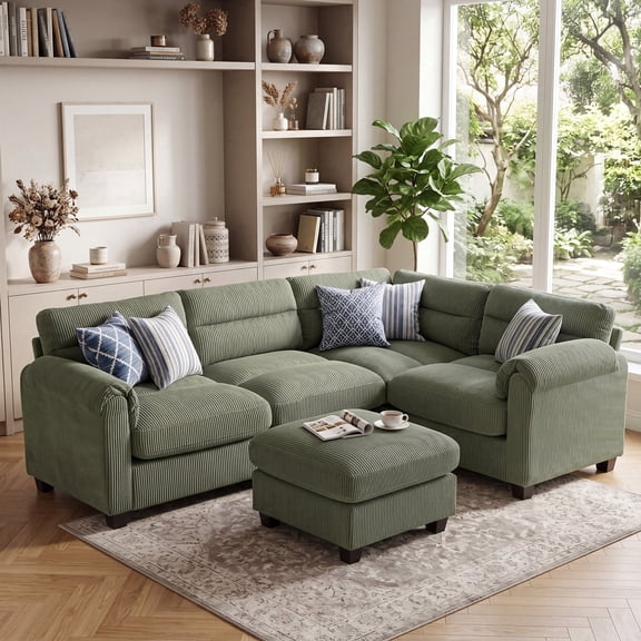 Bonzy Home Modular Convertible Sectional Sofa with Ottoman living room furniture sets, Green