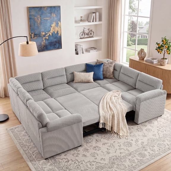 Bonzy Home Modular Corduroy Sectional Sofa with Pull Out Sleeper, Convertible L-Shaped Couch, Free Combination Upholstered Sofa Bed for Living Room