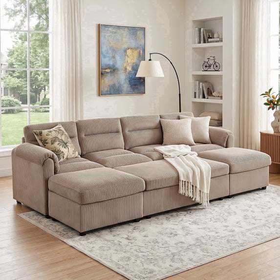 Bonzy Home Modular Corduroy Sectional Sofa with Pull Out Sleeper, Convertible U-Shaped Couch, Free Combination Upholstered Sofa Bed for Living Room