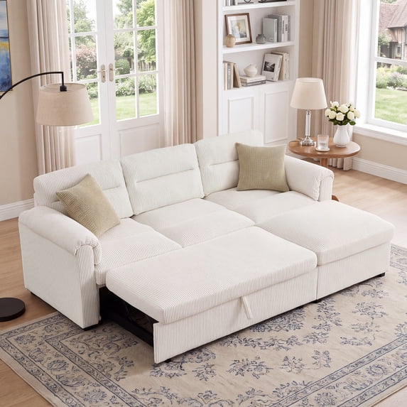 Bonzy Home Modular Corduroy Sectional Sofa with Pull Out Sleeper, Convertible L-Shaped Couch, Free Combination Upholstered Sofa Bed for Living Room