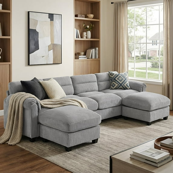 Bonzy Home Modular Sectional Sofa Couches for Living Room U-Shaped Sofa with Ottoman Gray
