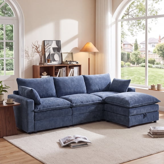Bonzy Home Modular Sectional Sofa, 112.9" L-Shaped Ultra-Comfort Sofa with Storage Ottoman, Modern Chenille Cloud Couch for Living Room & Family Room, Royal Blue