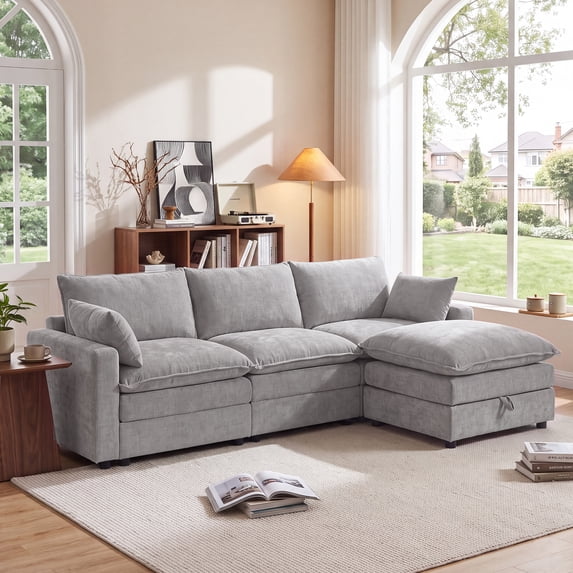 Bonzy Home 112.9" Modular Sectional Sofa with Movable Storage Ottoman, L-Shaped Cloud Ultra-Comfort Seating - Configurable for Living Room & Family Room, Gray